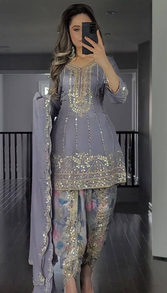 Grey Party Wear Look Top ,Dhoti Salwar And Dupatta