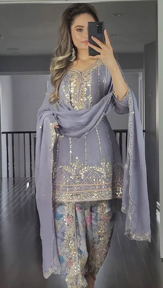 Grey Party Wear Look Top ,Dhoti Salwar And Dupatta