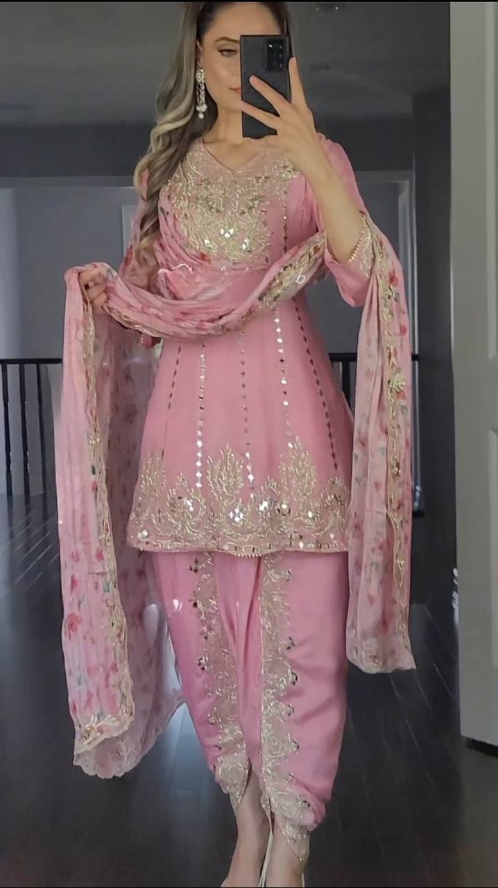 pink Party Wear Look Top ,Dhoti Salwar And Dupatta SET