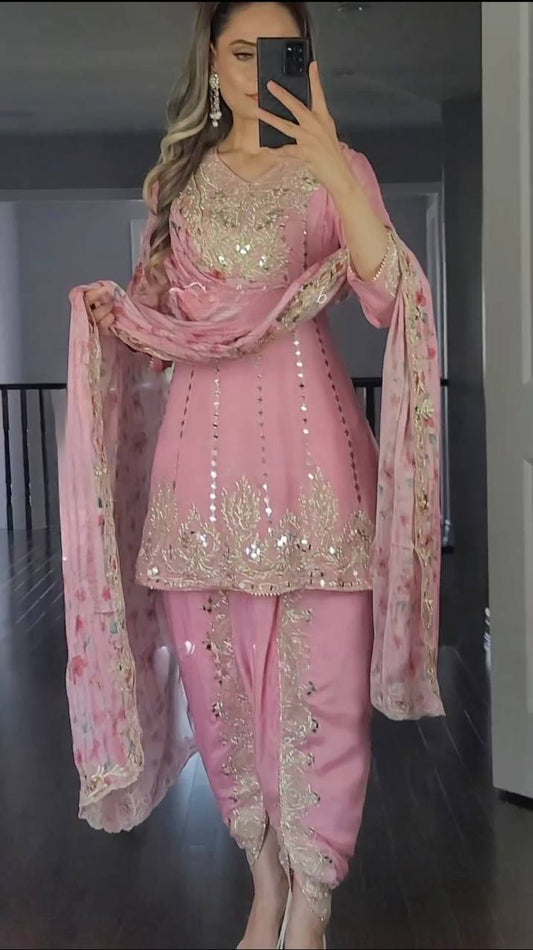 pink Party Wear Look Top ,Dhoti Salwar And Dupatta SET
