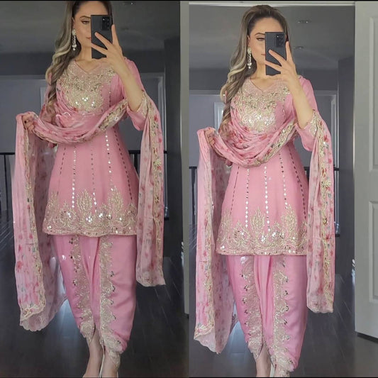 pink Party Wear Look Top ,Dhoti Salwar And Dupatta SET