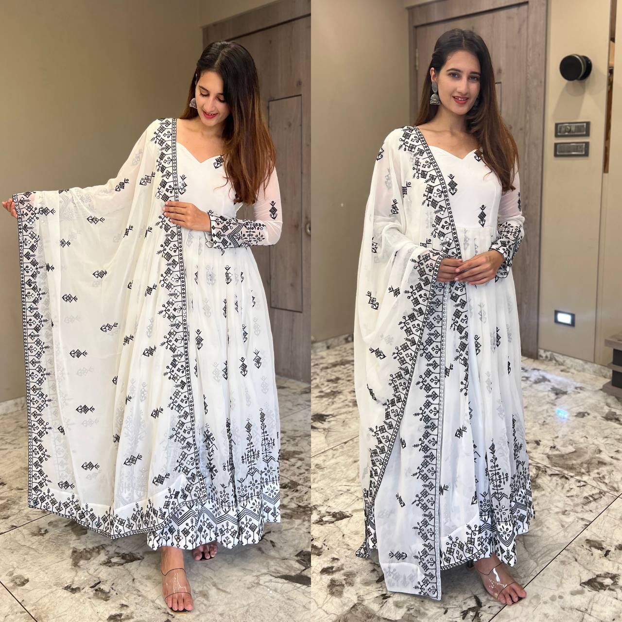 White Colored EMBROIDERED GEORGETTE ANARKALI FULLY STITCHED SUIT SET AY-341