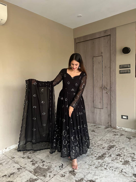 BLACK EMBROIDERED GEORGETTE ANARKALI SUIT SET TD-1150
