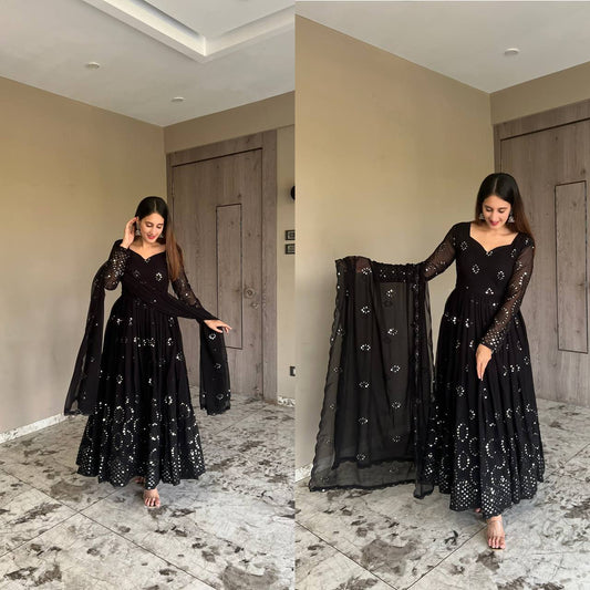 BLACK EMBROIDERED GEORGETTE ANARKALI SUIT SET TD-1150