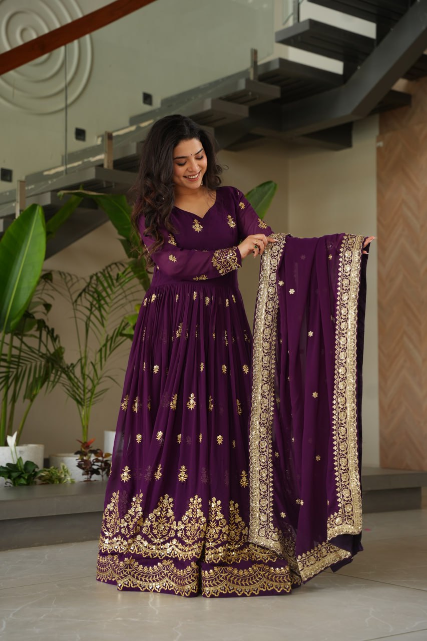 Designer Embroidered Zari Sequins Work Gown