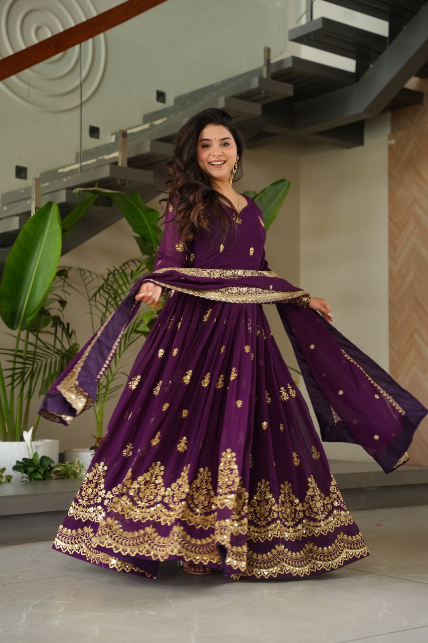 Designer Embroidered Zari Sequins Work Gown