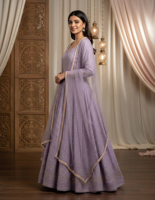 Lucknowi Lavender Anarkali Suit Set