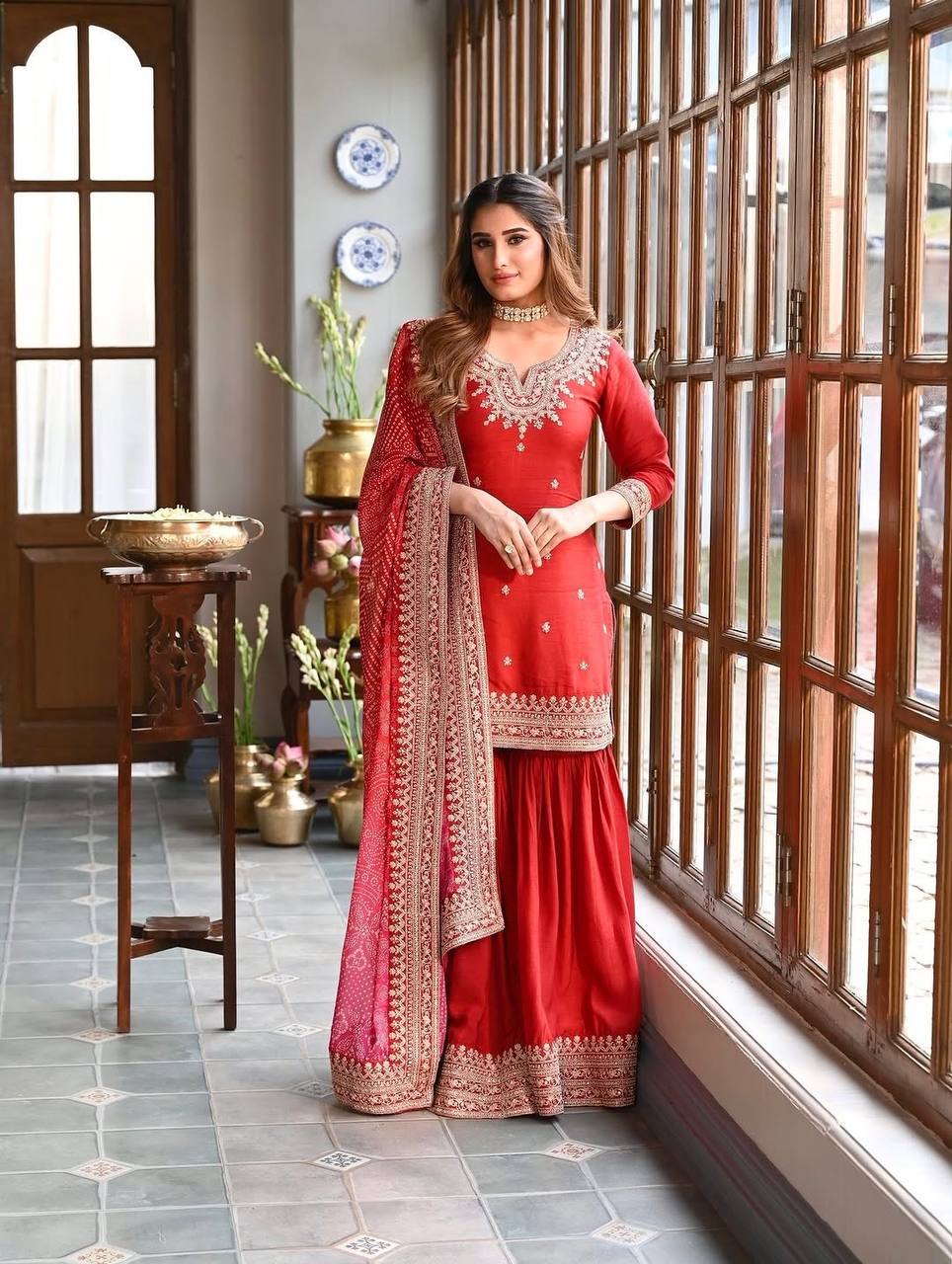Siriwali`s Red Colour  Sarara Suit Set