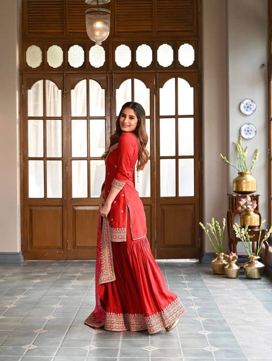 Siriwali`s Red Colour  Sarara Suit Set