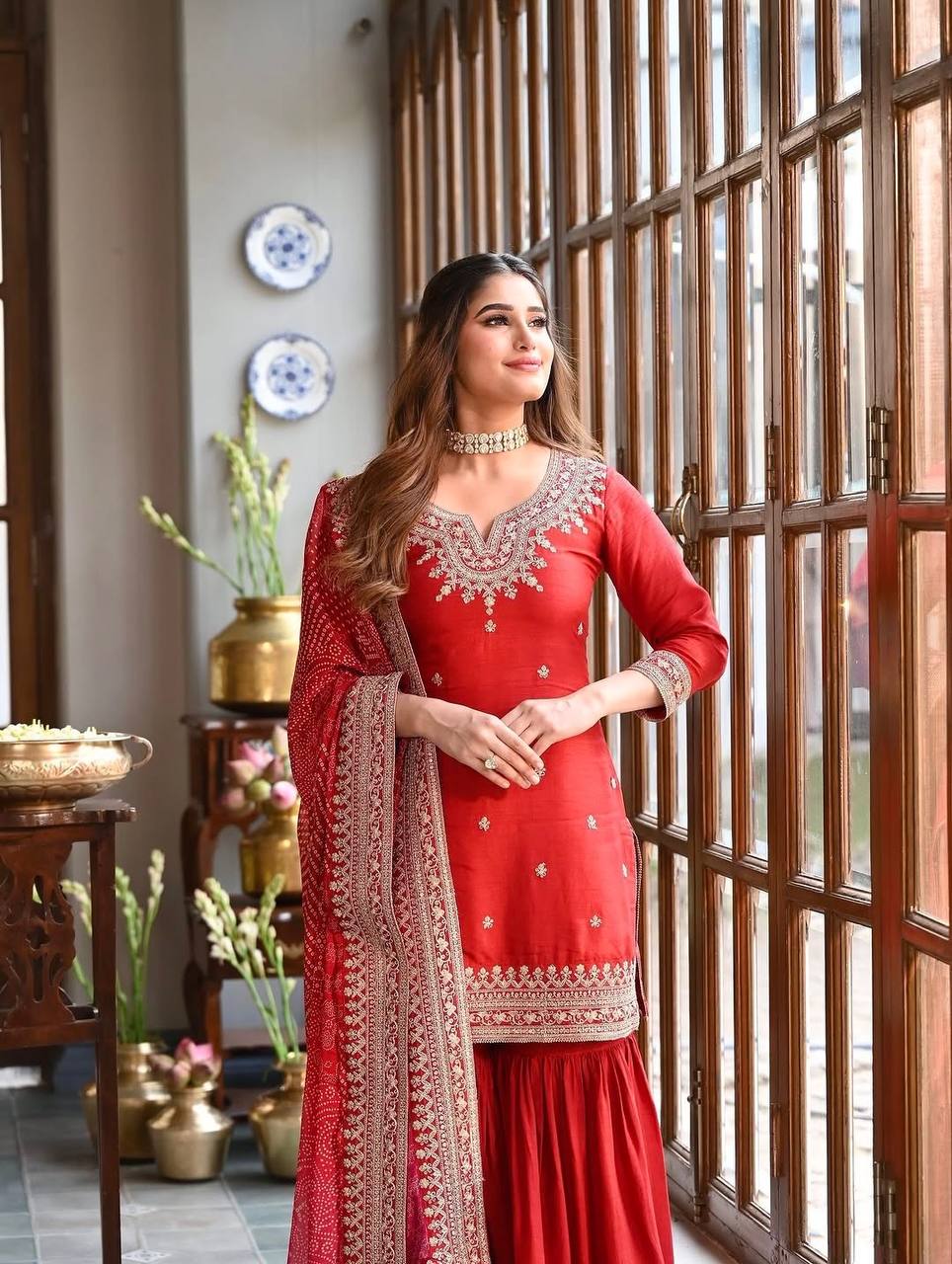 Siriwali`s Red Colour  Sarara Suit Set