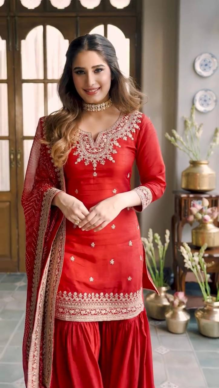 Siriwali`s Red Colour  Sarara Suit Set