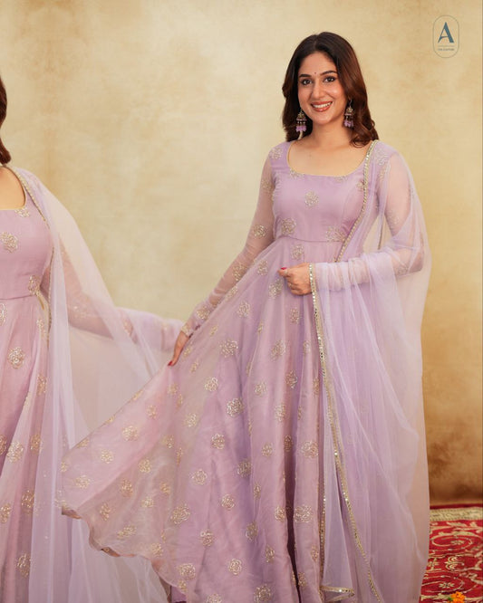 Rajvi's' Pastel purple  Anarkali Premium Suit Set