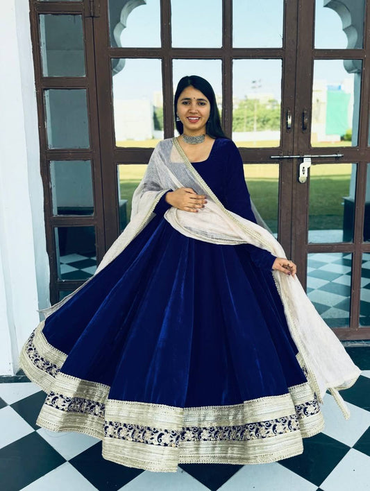 BLUE VELVET ANARKALI SUIT SET