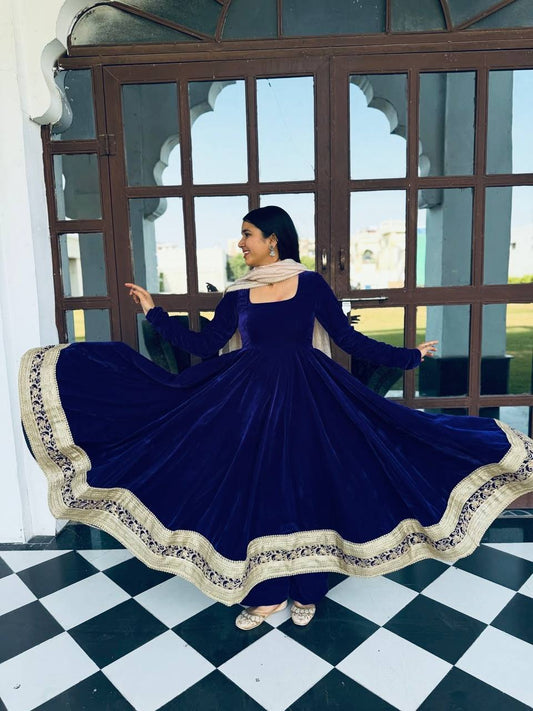 BLUE VELVET ANARKALI SUIT SET