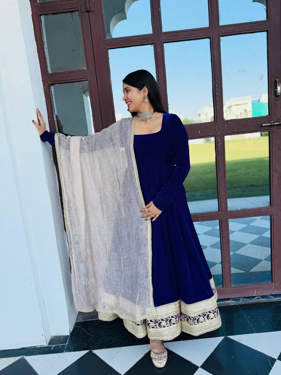BLUE VELVET ANARKALI SUIT SET