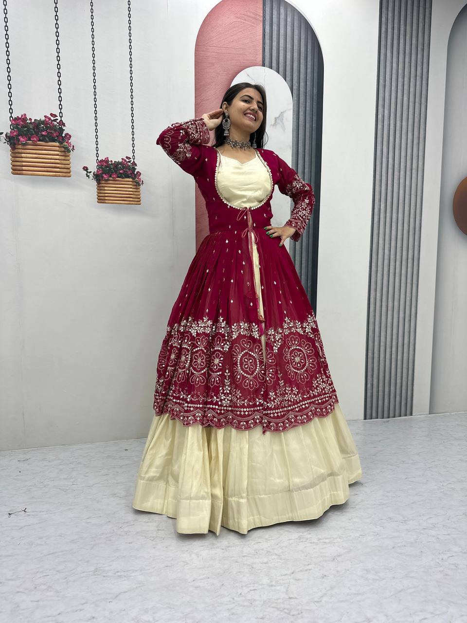 Traditional Crop Top with Shrug Lehenga With Color