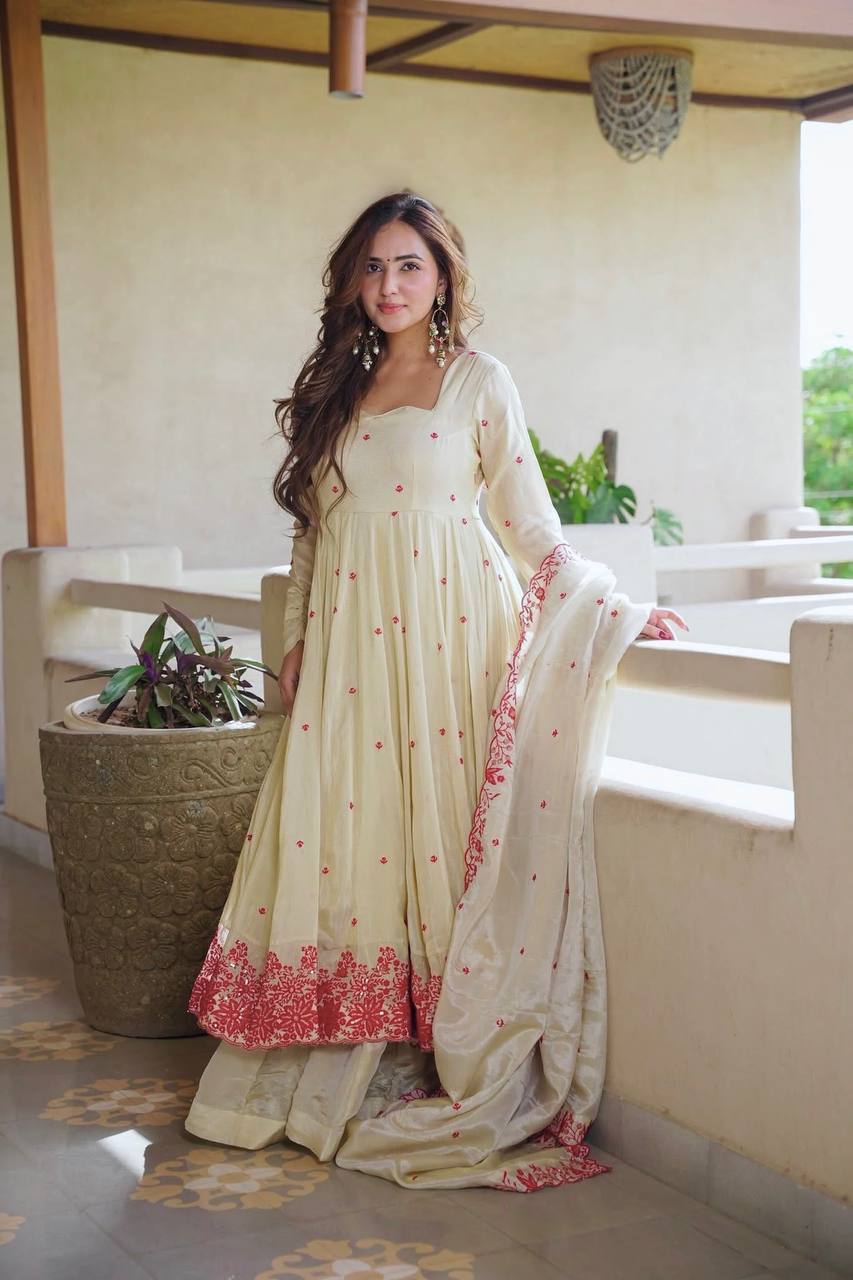 Traditional Cream Anarkali Suit Set