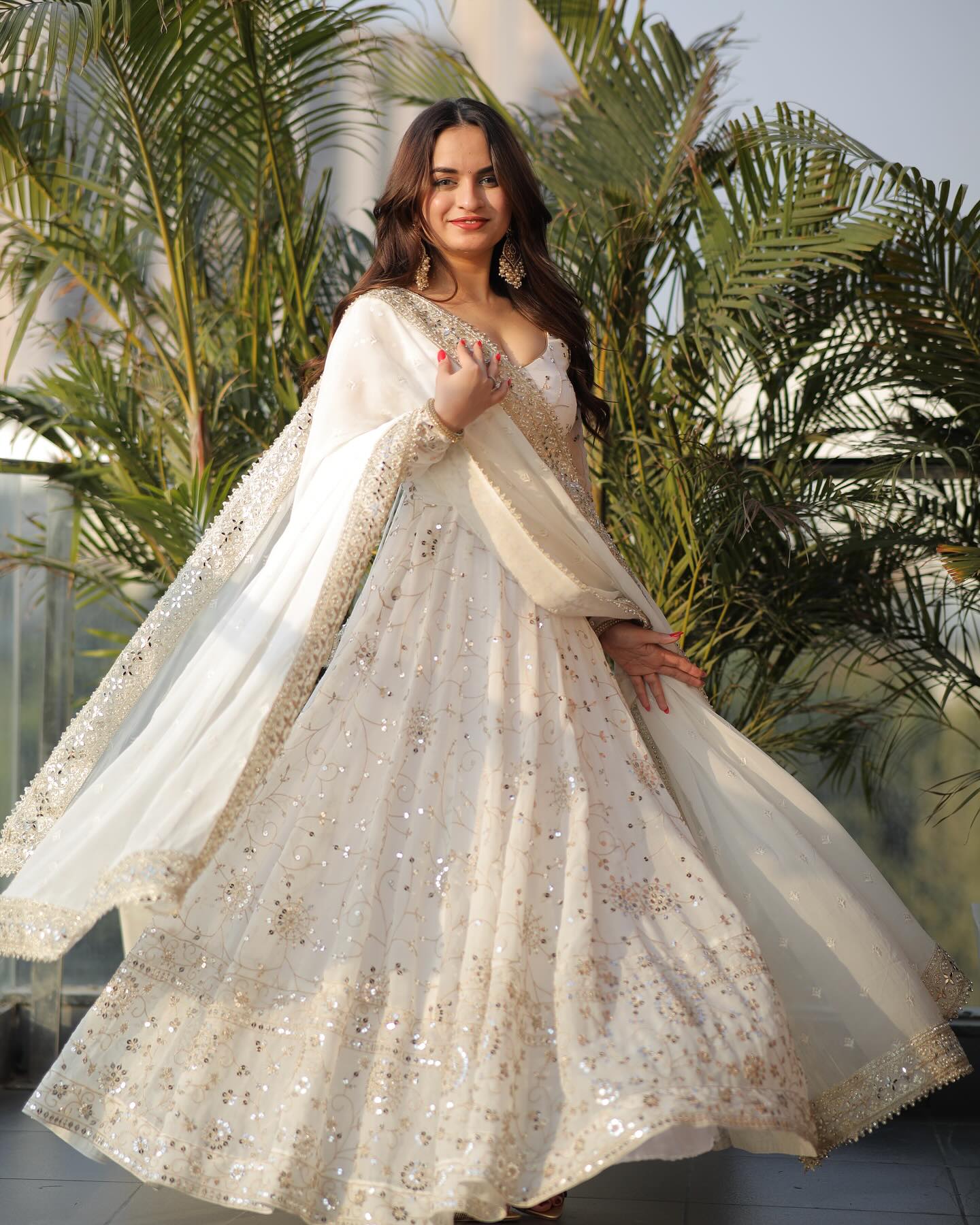 White Colored Sequins Work Gown pent and duptta suit set TD-128