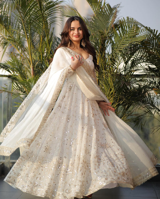 White Colored Sequins Work Gown pent and duptta suit set TD-128
