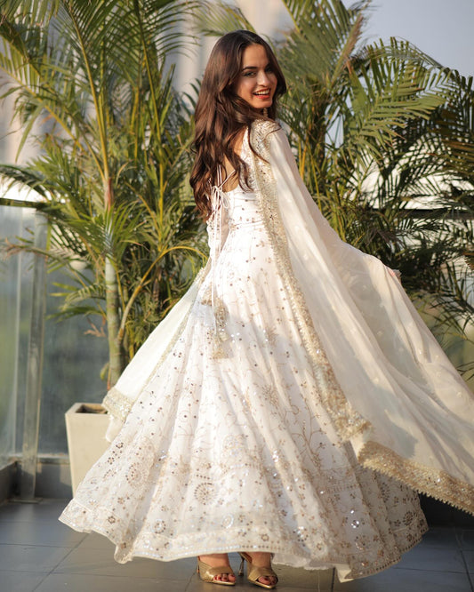 White Colored Sequins Work Gown pent and duptta suit set TD-128