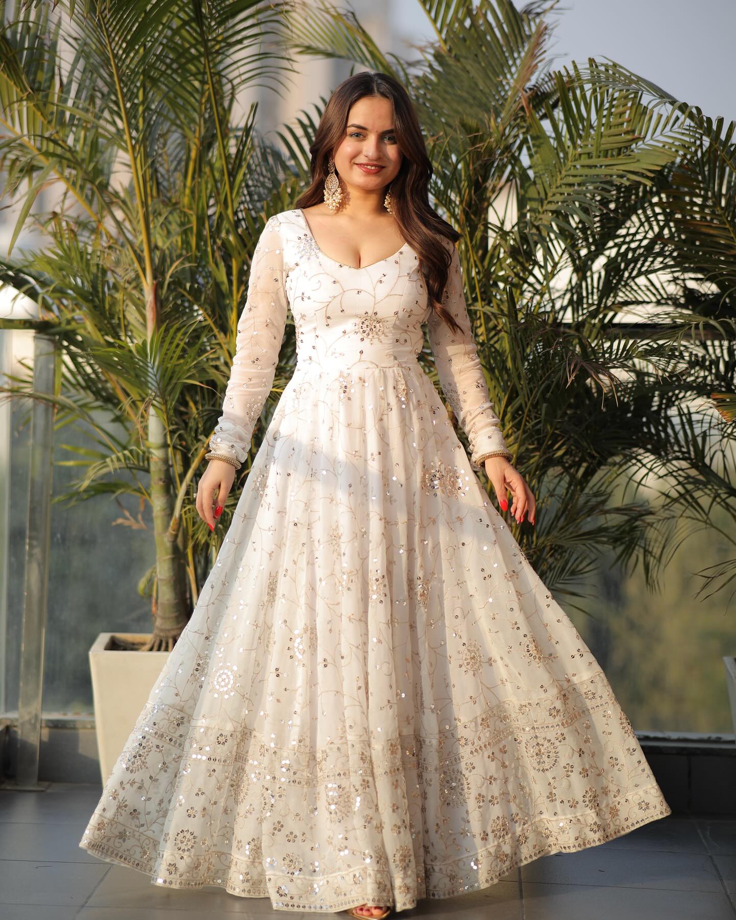 White Colored Sequins Work Gown pent and duptta suit set TD-128