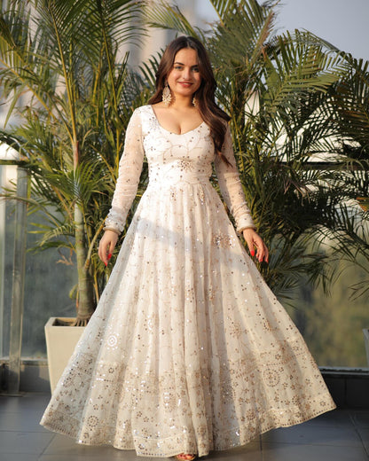 White Colored Sequins Work Gown pent and duptta suit set TD-128