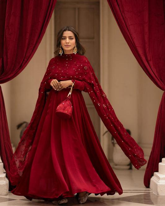 MAROON COLOUR  READYMADE ANARAKALI SUIT SET