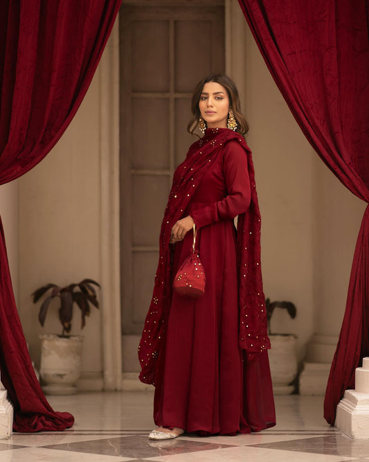 MAROON COLOUR  READYMADE ANARAKALI SUIT SET
