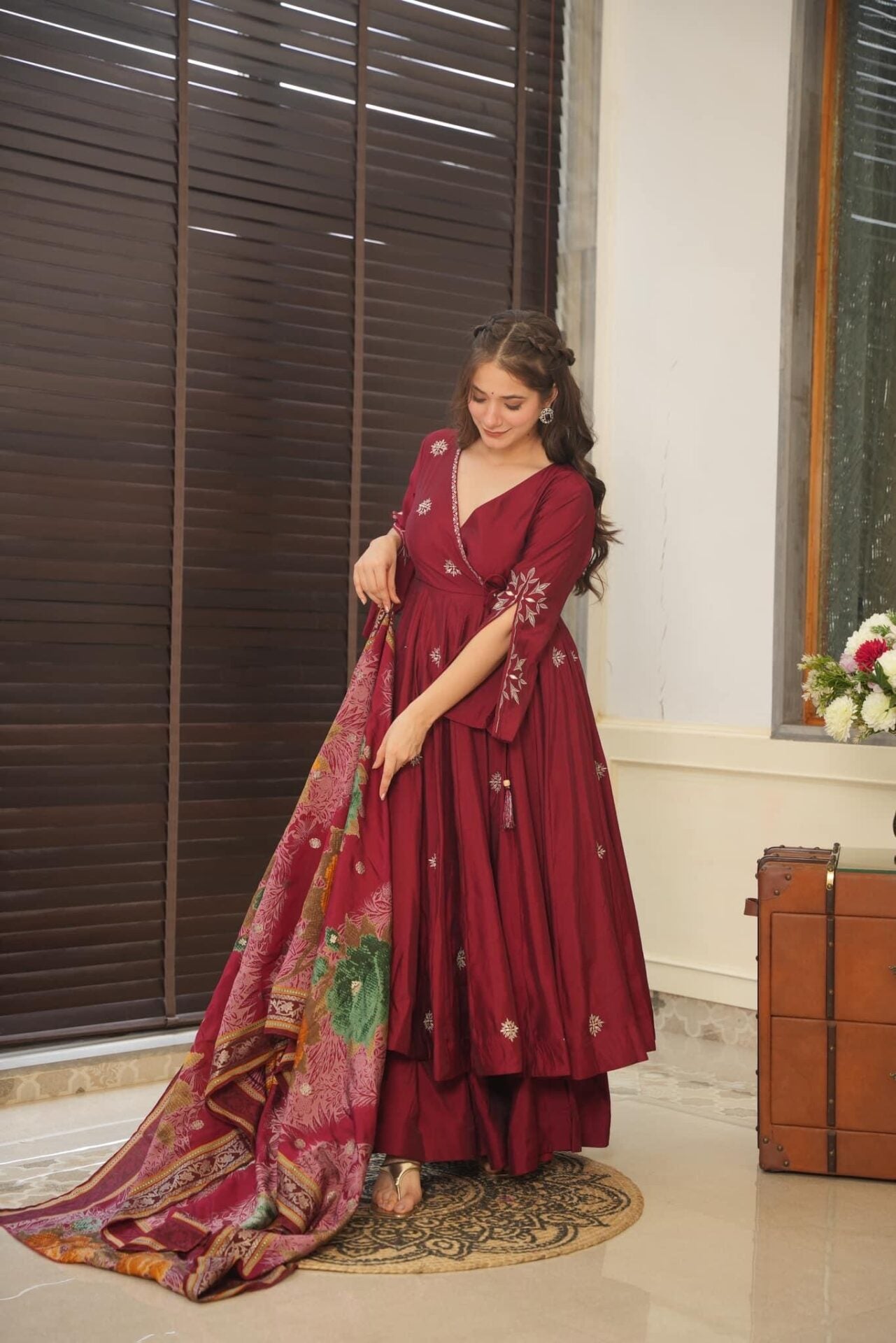 Maroon Pure Cotton  Anarkali Suit Set
