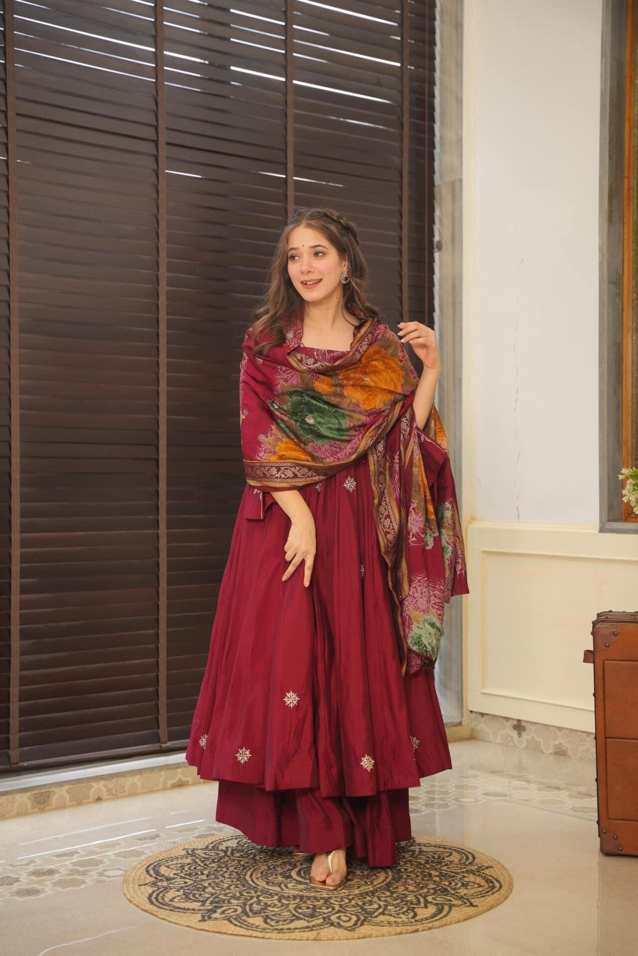 Maroon Pure Cotton  Anarkali Suit Set