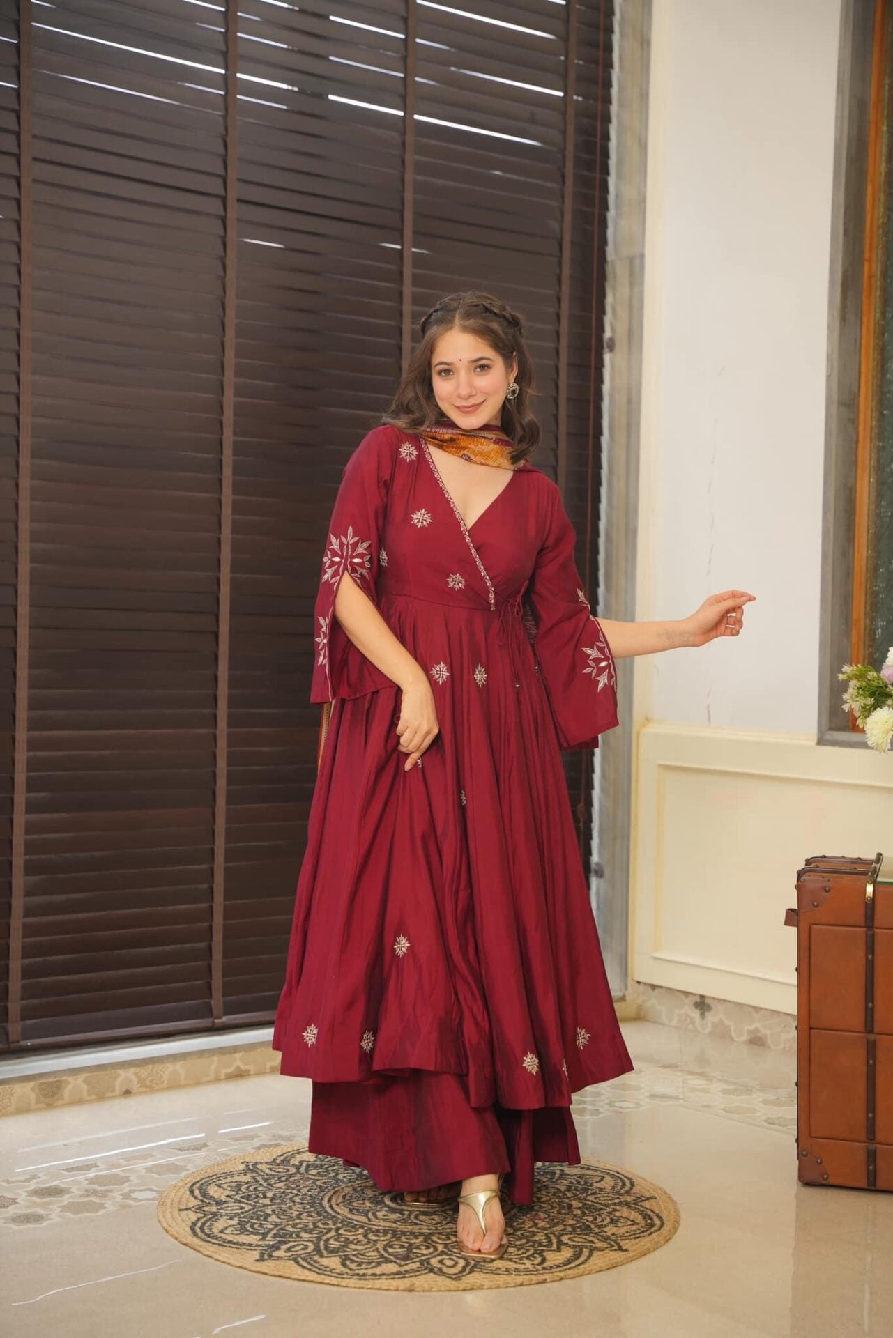 Maroon Pure Cotton  Anarkali Suit Set