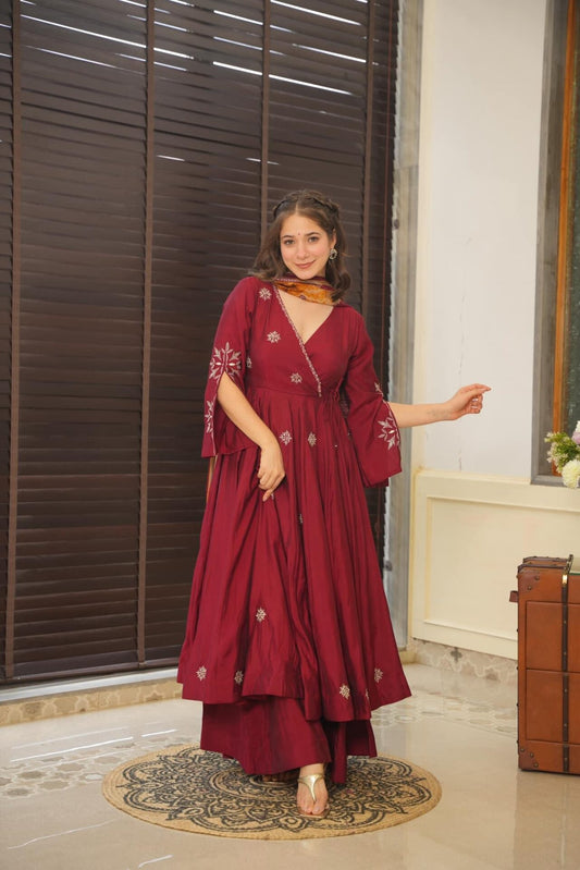 Maroon Pure Cotton  Anarkali Suit Set