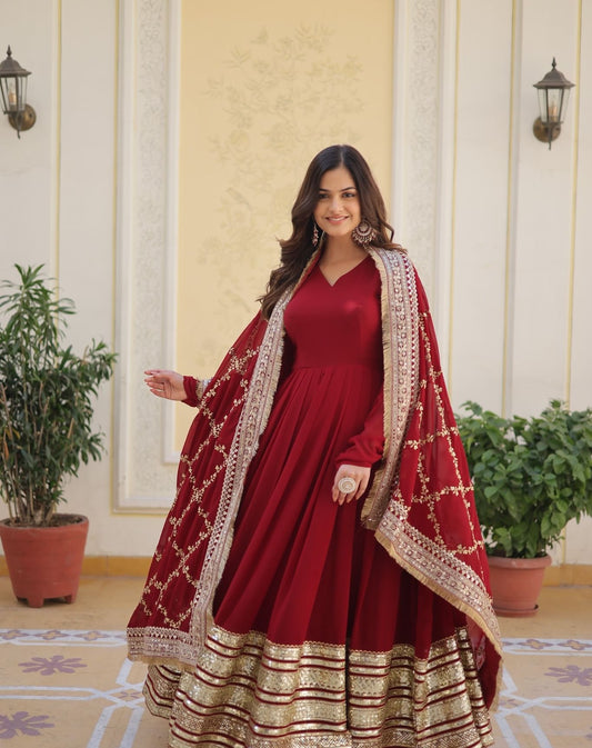 DARK MAROON Blooming Gown with Dupatta With Attractive Embroidered Sequins work.