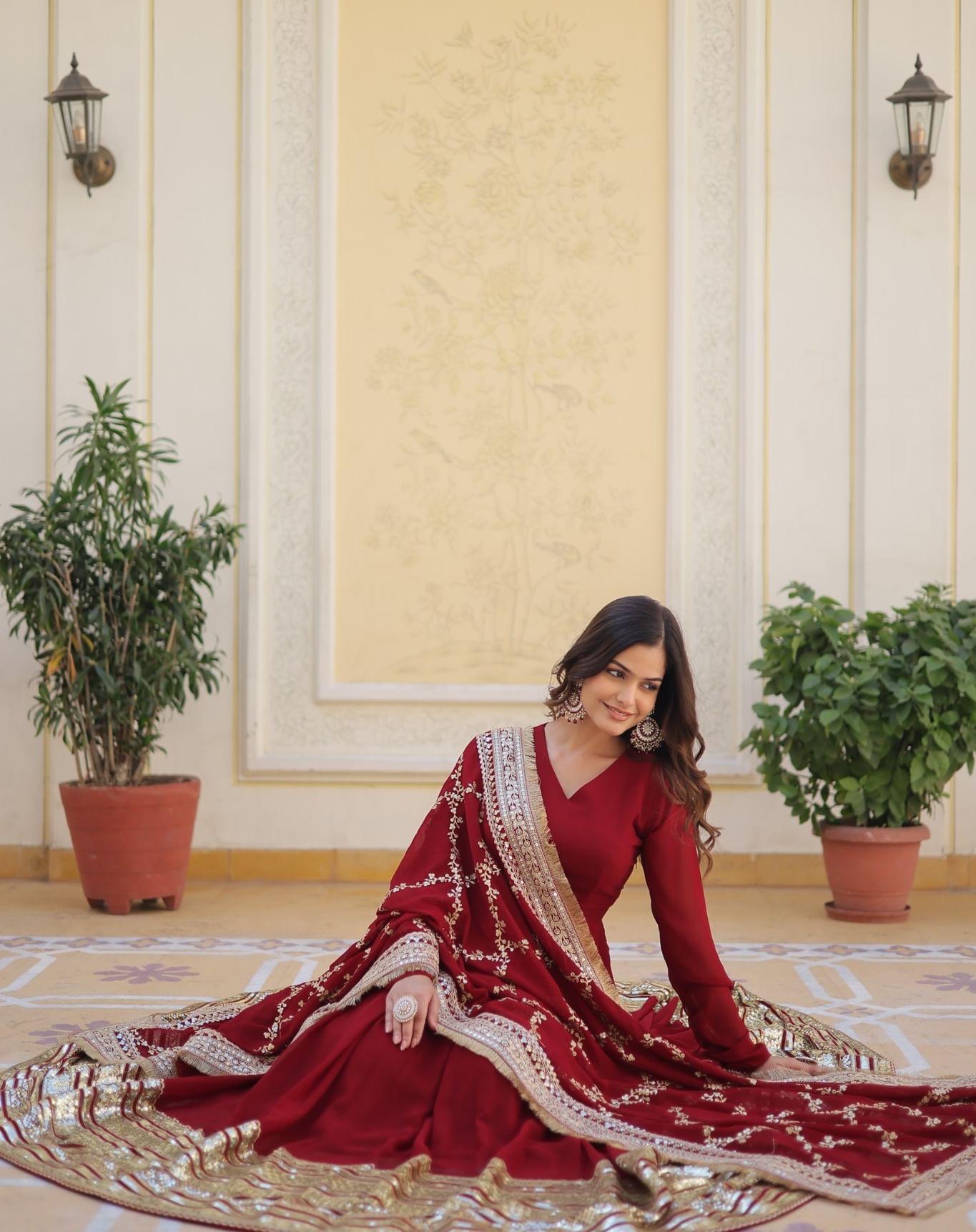 DARK MAROON Blooming Gown with Dupatta With Attractive Embroidered Sequins work.