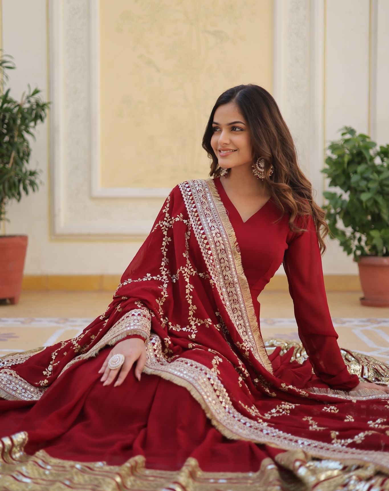 DARK MAROON Blooming Gown with Dupatta With Attractive Embroidered Sequins work.