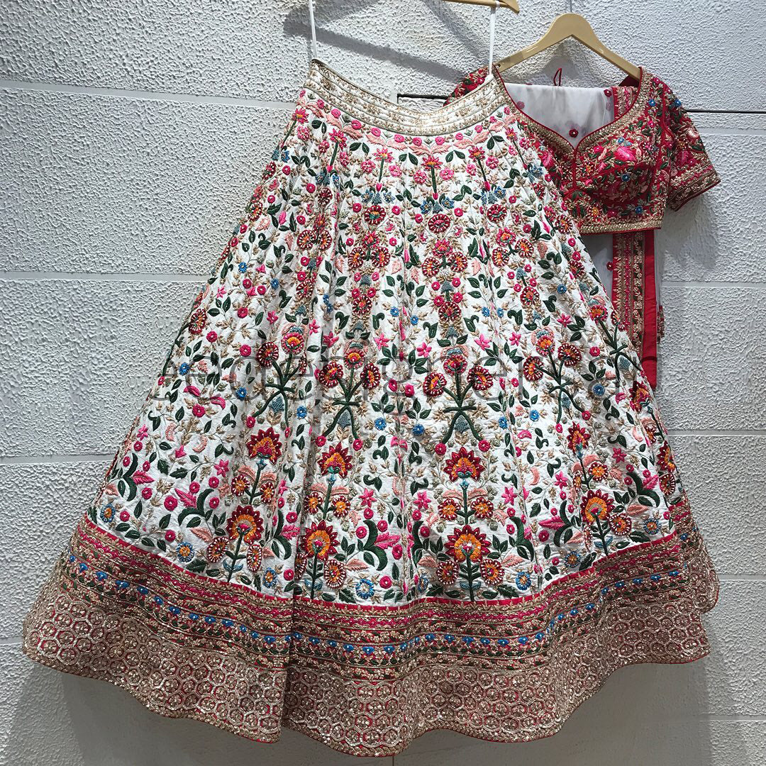 White With PINK RED BLOUSE Embroidered Attractive Party Wear with silk Material Lehenga
