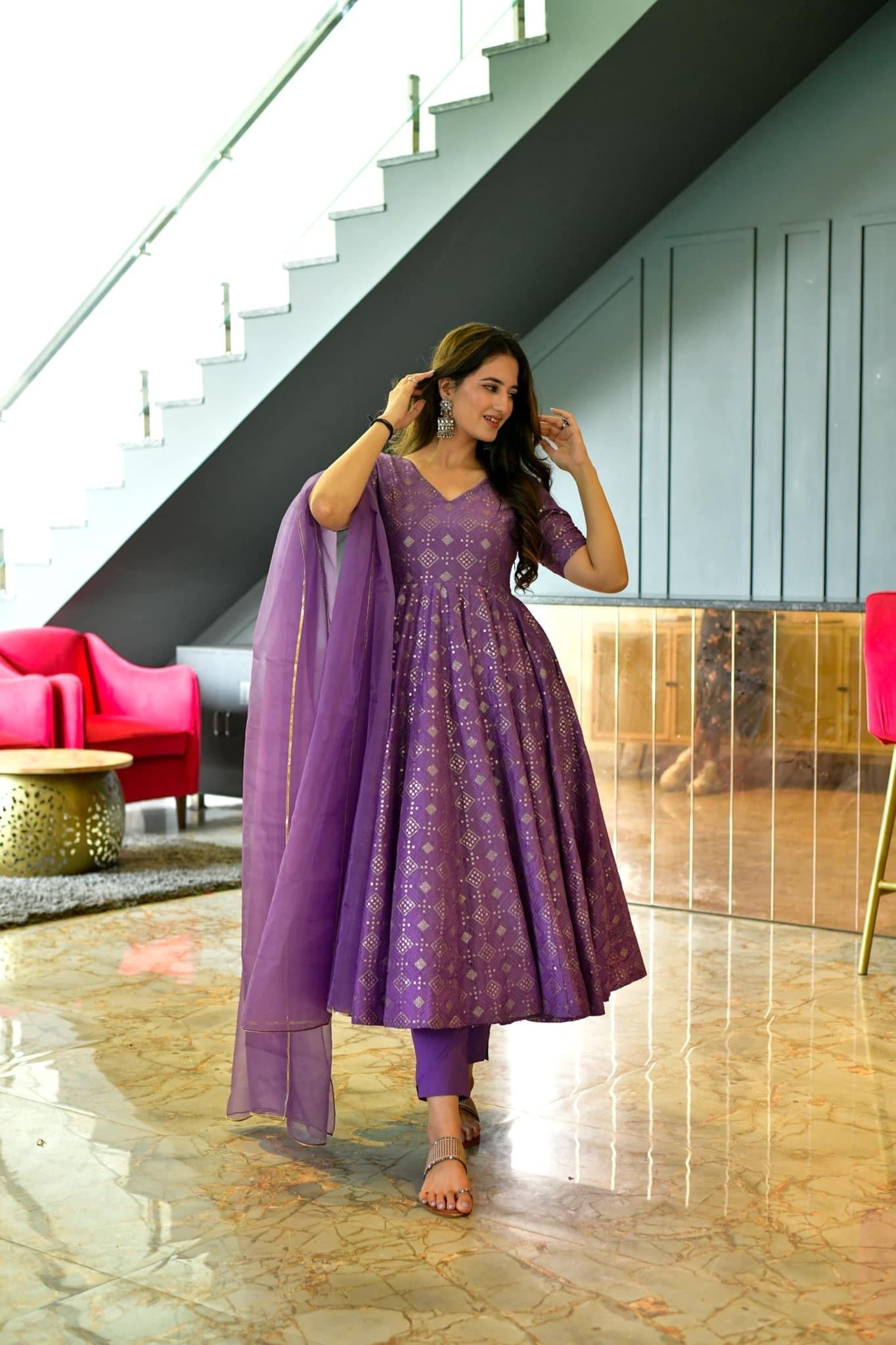 PURPLE EMBROIDERED GEORGETTE SILK ANARKALI  SUIT SET