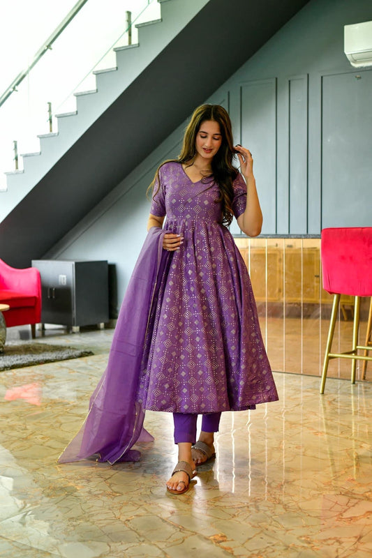 PURPLE EMBROIDERED GEORGETTE SILK ANARKALI  SUIT SET