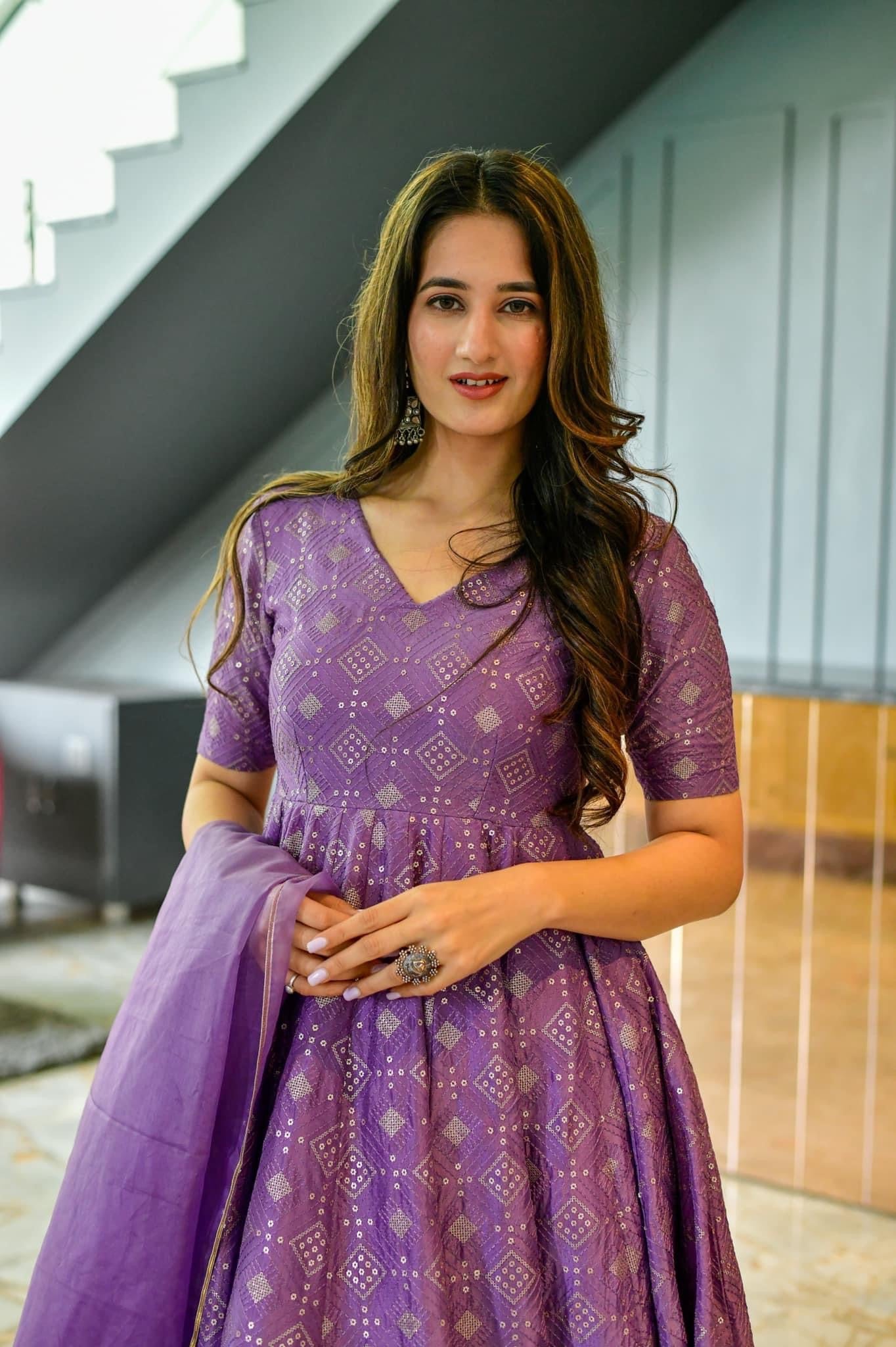 PURPLE EMBROIDERED GEORGETTE SILK ANARKALI  SUIT SET