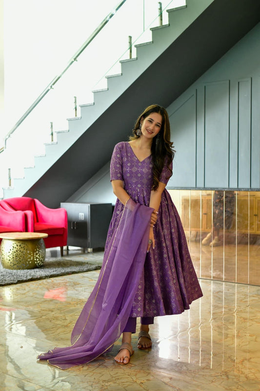 PURPLE EMBROIDERED GEORGETTE SILK ANARKALI  SUIT SET