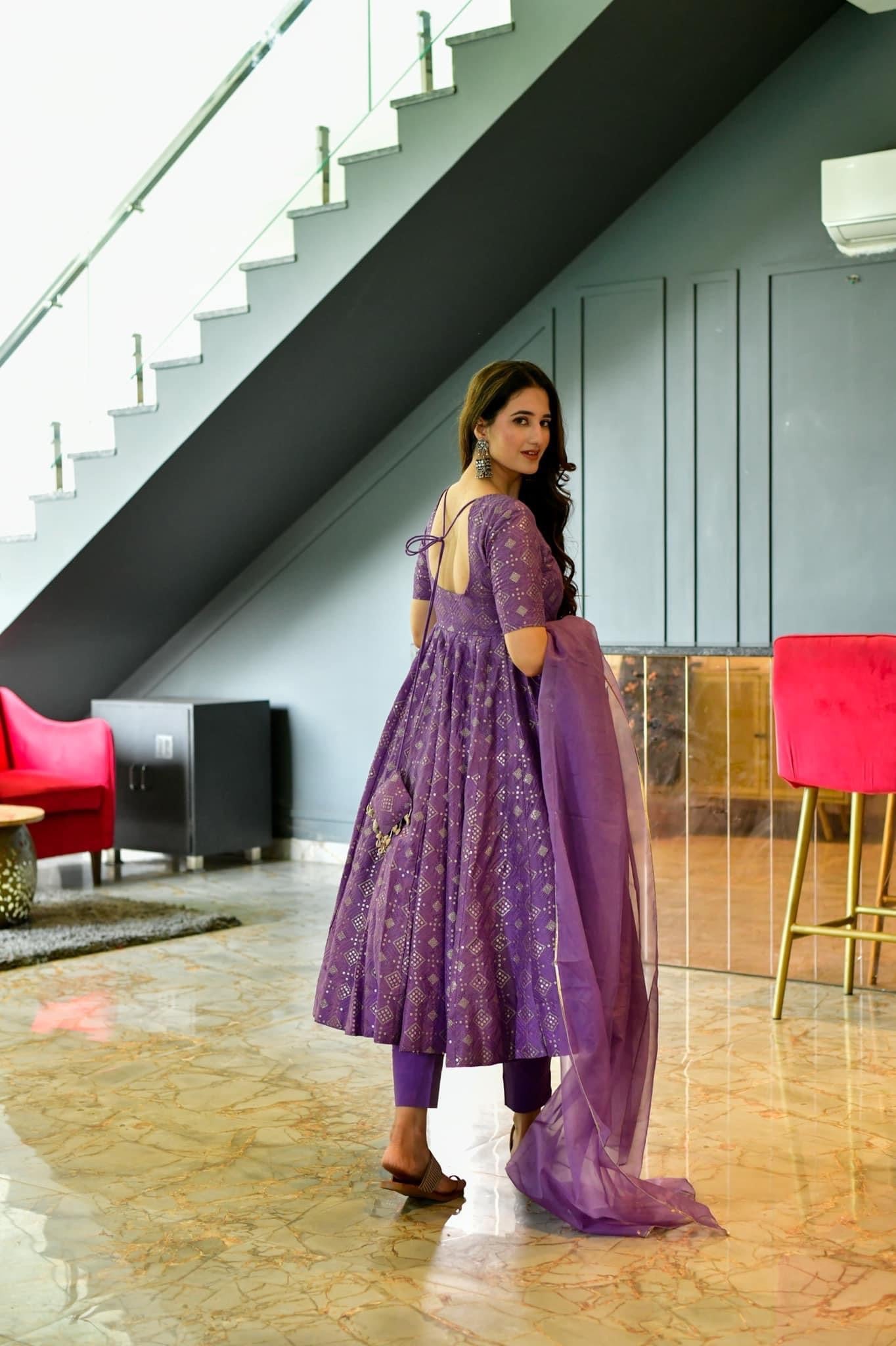 PURPLE EMBROIDERED GEORGETTE SILK ANARKALI  SUIT SET