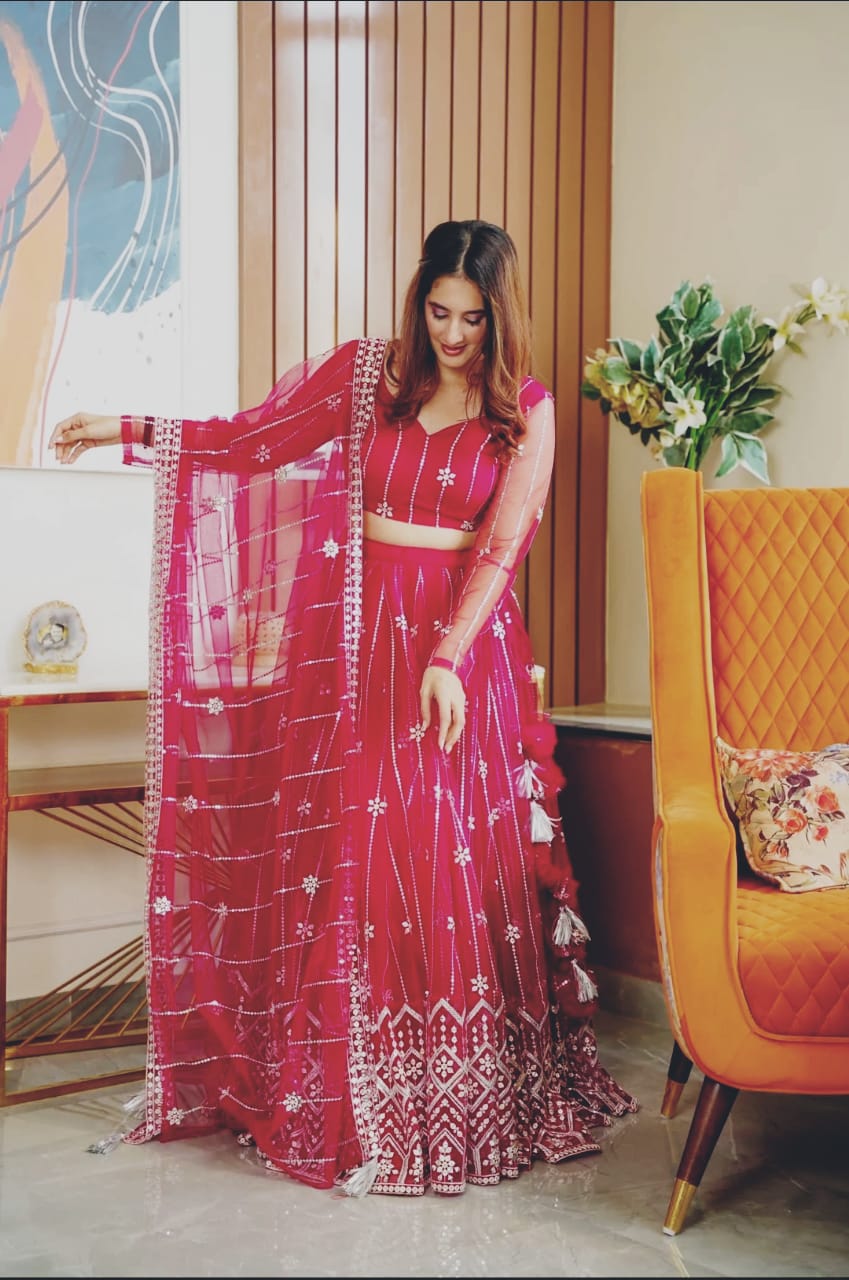 RED MOROON NET LEHENGA CHOLI SET WL- 3010