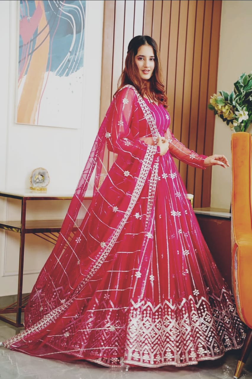 RED MOROON NET LEHENGA CHOLI SET WL- 3010