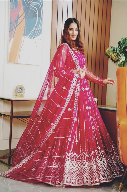 RED MOROON NET LEHENGA CHOLI SET WL- 3010