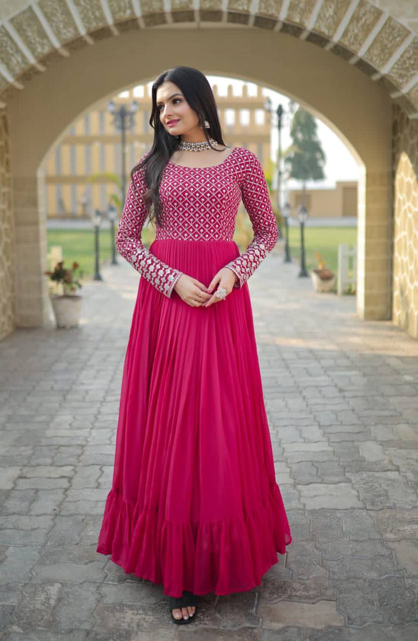 Faux Blooming With Sequins-Multi & Zari Embroidered Work   Pink Colour GOWN