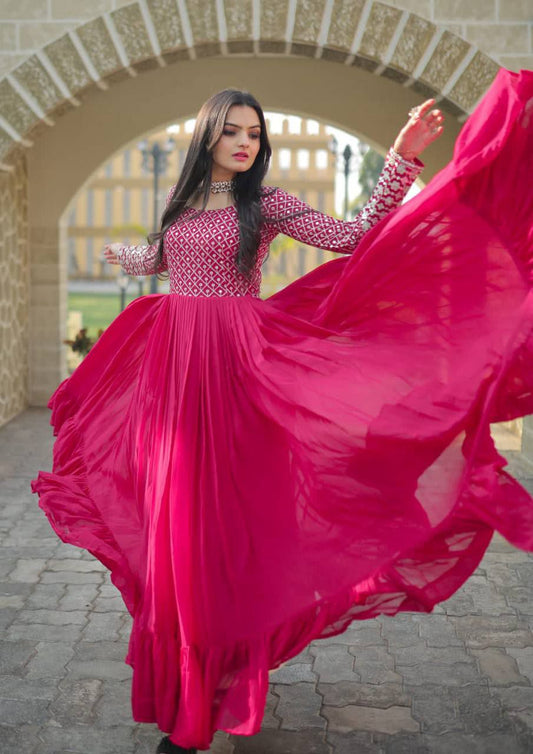 Faux Blooming With Sequins-Multi & Zari Embroidered Work   Pink Colour GOWN