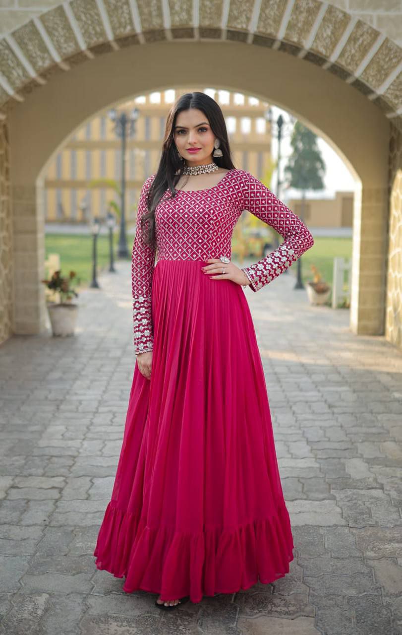 Faux Blooming With Sequins-Multi & Zari Embroidered Work   Pink Colour GOWN