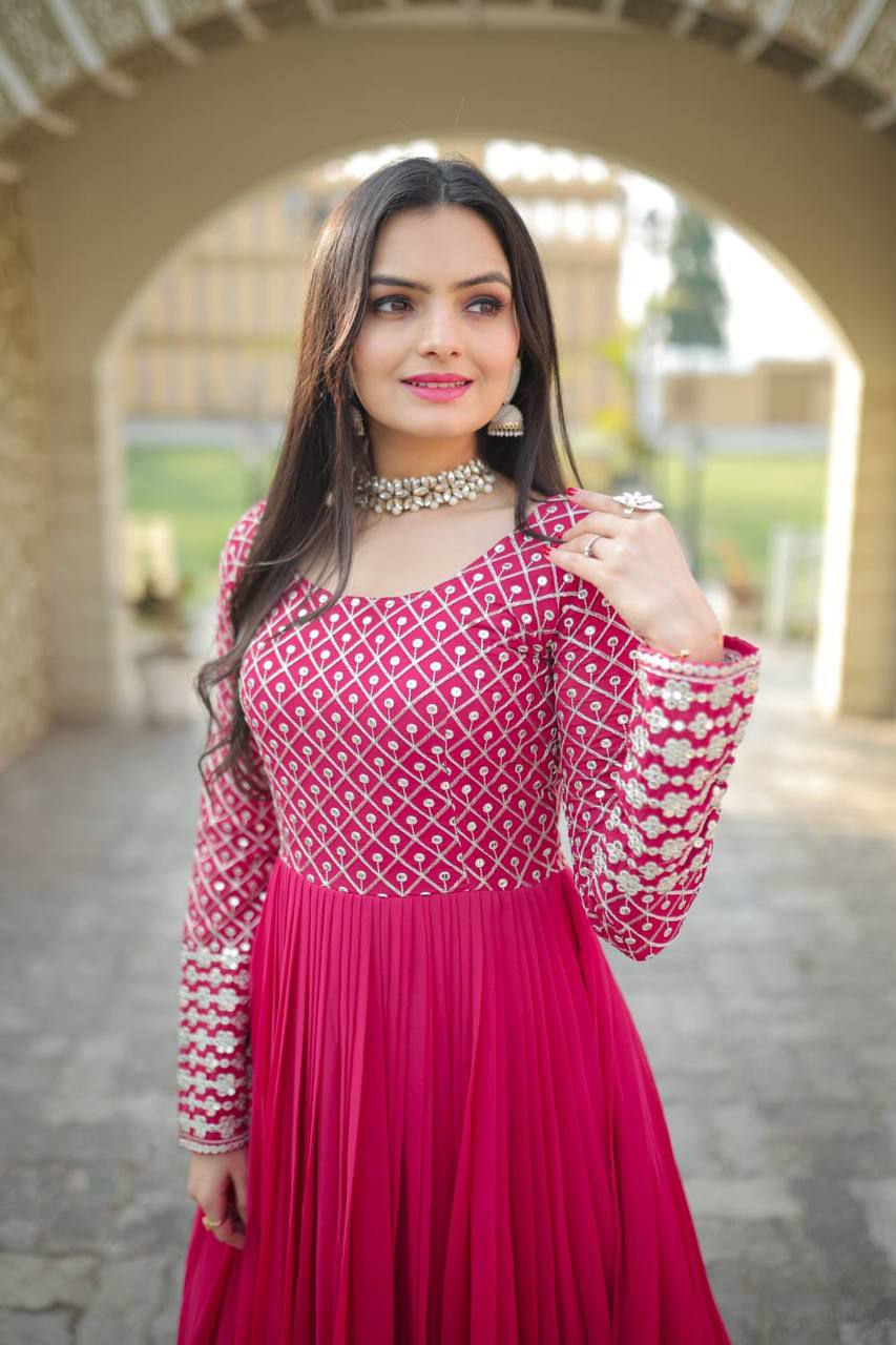 Faux Blooming With Sequins-Multi & Zari Embroidered Work   Pink Colour GOWN