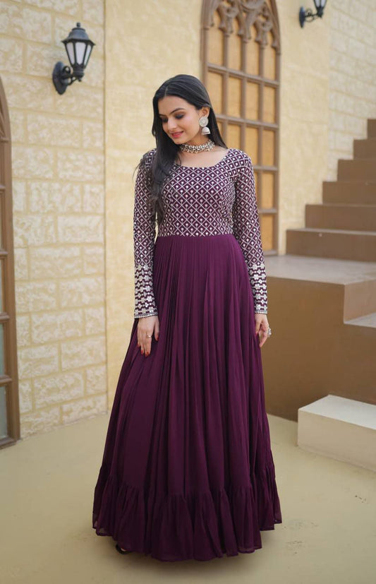Faux Blooming With Sequins-Multi & Zari Embroidered Work LW-9122  Wine colour GOWN