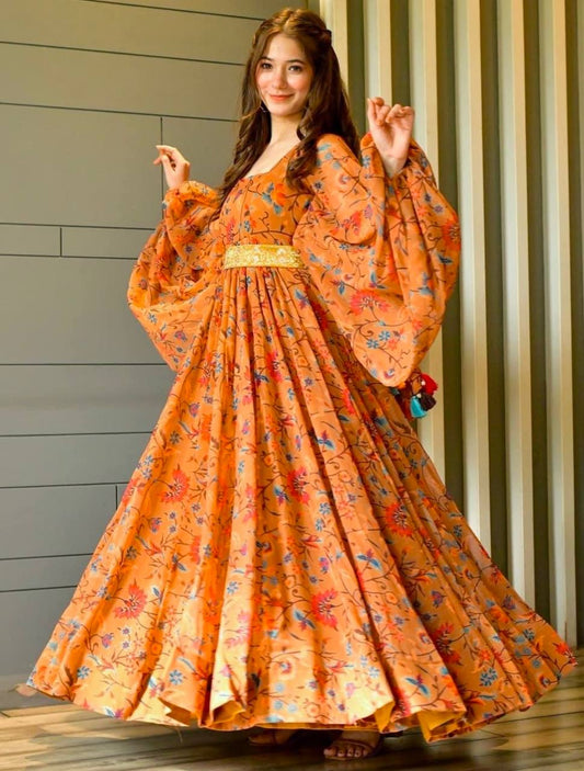 MASTERD ORANGE FOX GEORGETTE WITH DIGITAL PRINT FULL SLEEVE GOWN-WL-7011